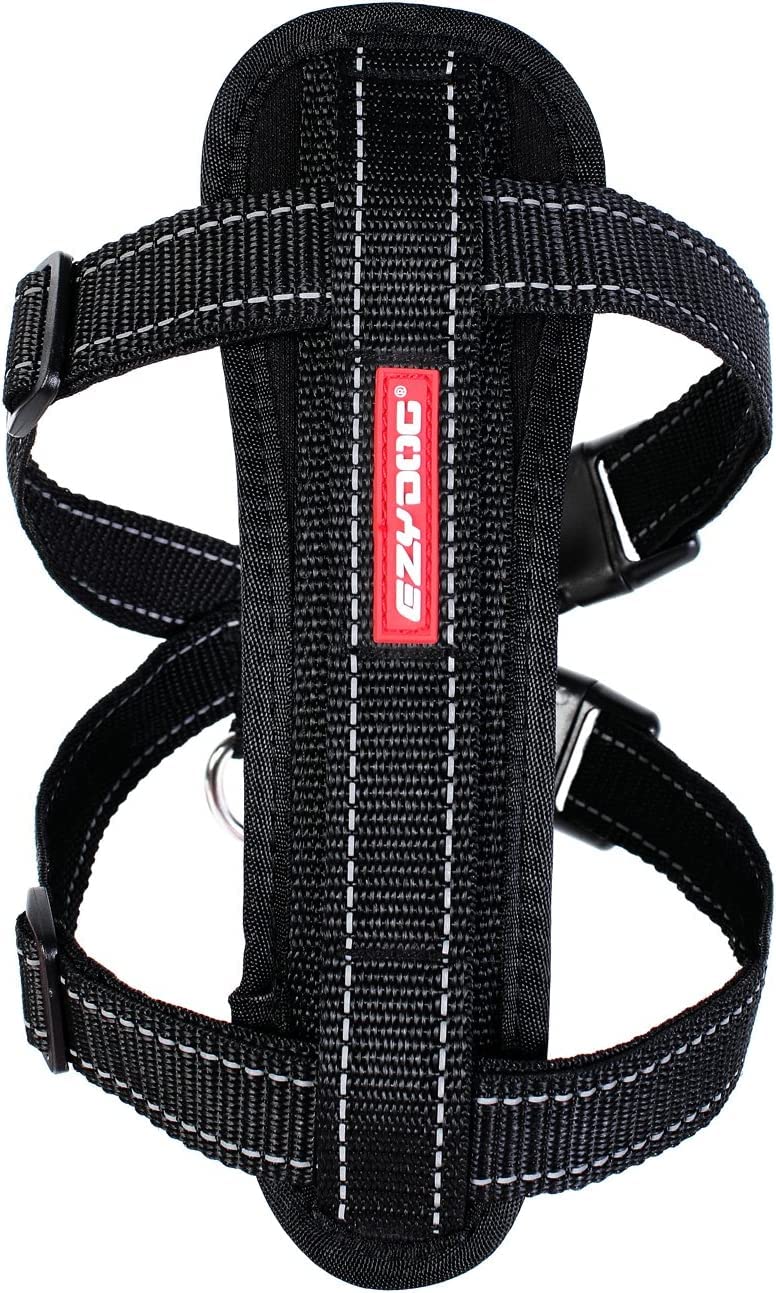 EzyDog Premium Chest Plate Custom Fit Reflective No-Pull Padded Comfort Dog Harness - Perfect for Training Walking and Control - Includes Car Restraint Attachment (X-Large Black)