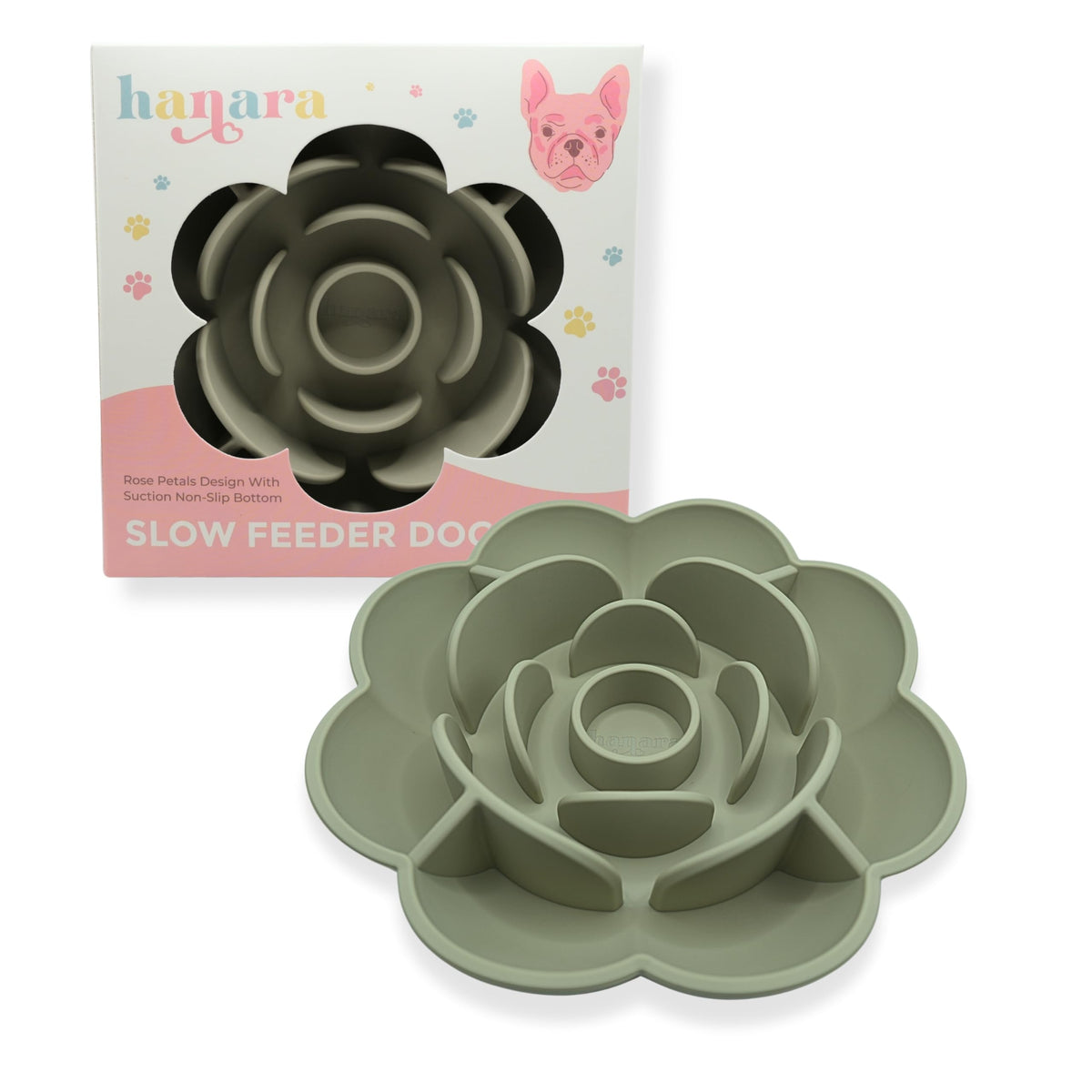 Hanara Sillicone Slow Feeder Dog Bowls & Lick Mat with Suction Bottom | Rose Petals Design | Promotes Better Digestion Prevent Choking | Dish Washer Safe | Great Size for All Breed (Sage Green)