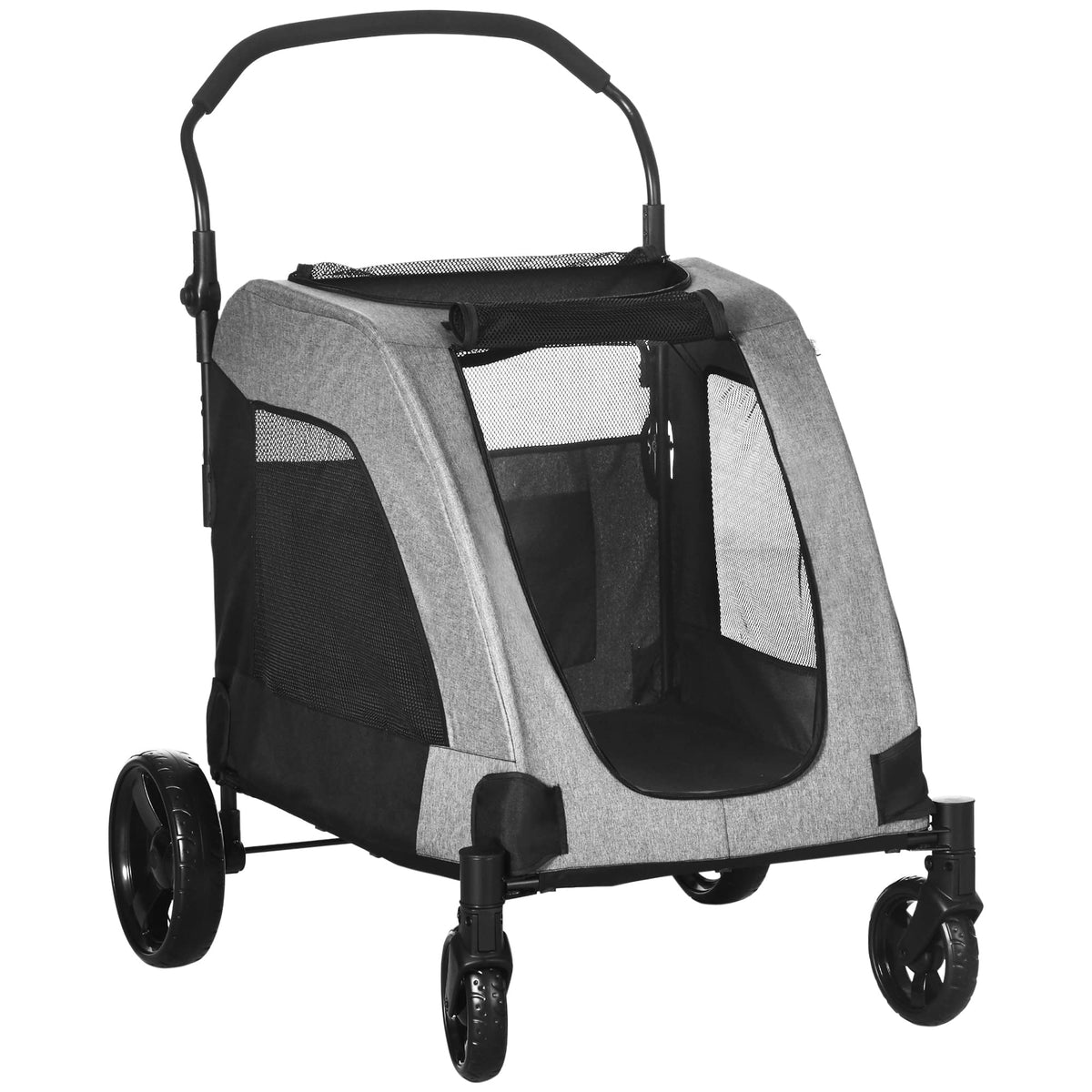 PawHut Dog Stroller for Medium and Large Dogs 4 Wheels Folding Pet Cat Stroller with Universal Wheels Storage Basket Safety Leash Gray