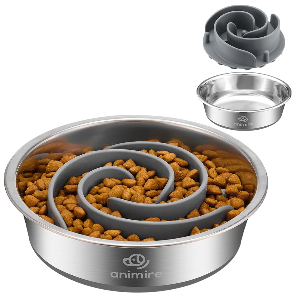 2-in-1 Metal Dog Bowl with Slow Feeder Insert Stainless Steel Dog Bowls Food Grade 304 Water Food Bowl with Anti-Slip Silicone Base for Small Medium Large Dogs
