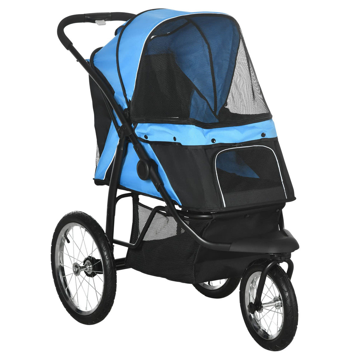 PawHut Pet Stroller for Small and Medium Dogs 3 Big Wheels Foldable Cat Stroller Jogger with Adjustable Canopy Safety Tether Cushion Storage Basket Blue