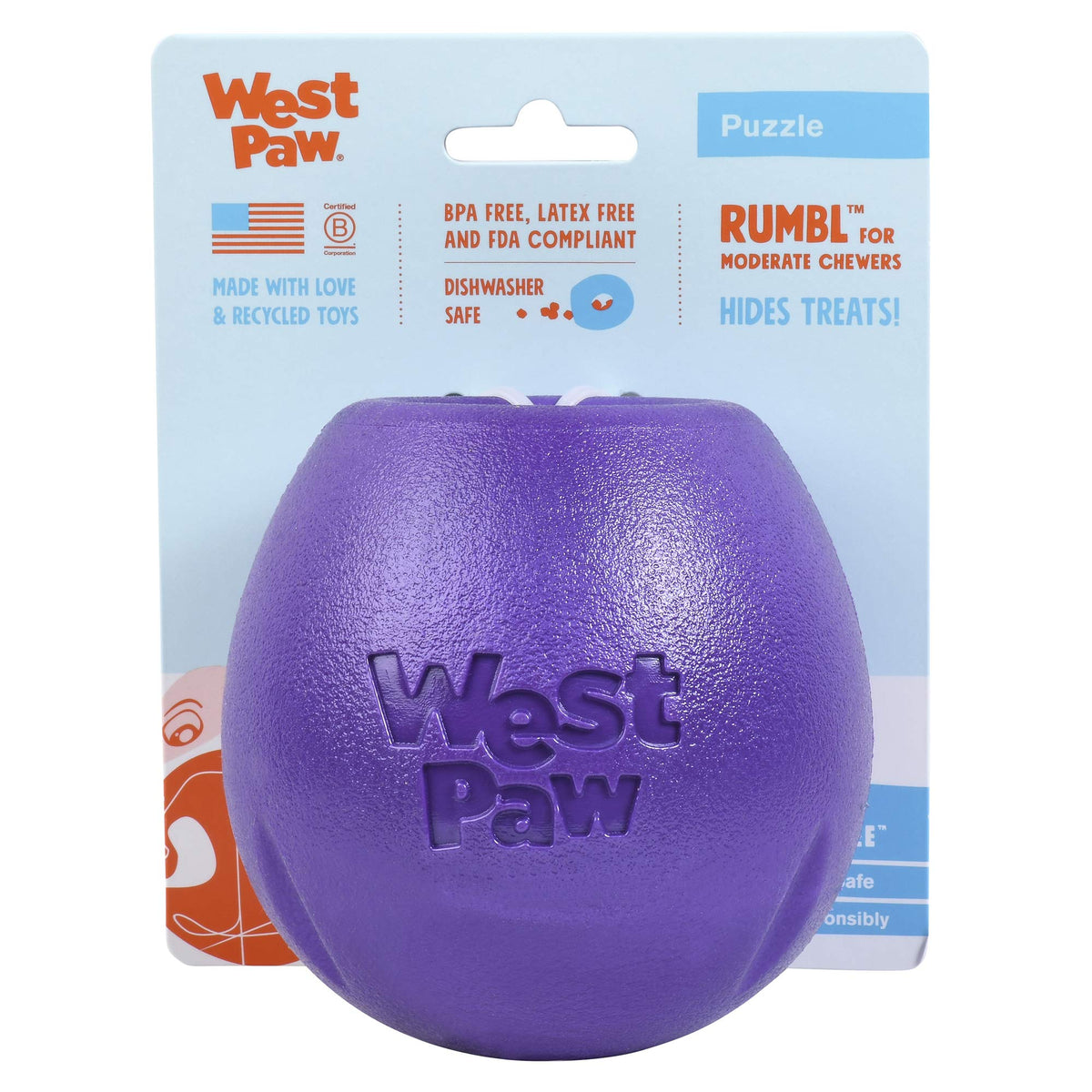 West Paw Zogoflex Rumbl Treat-Dispensing Dog Toy – Interactive Slow-Feeder Chew – Enrichment Toy Moderate Chewers Fetch Catch – Holds Kibble (Eggplant Large)