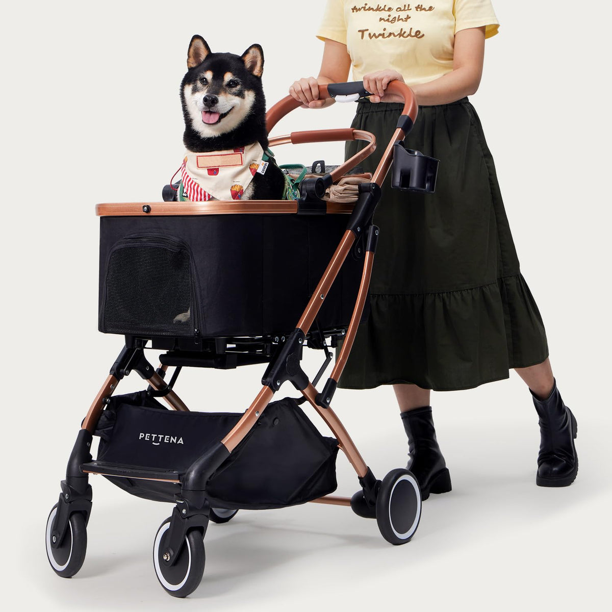 PETTENA Dog Cat Stroller with Detachable Carrier 【Self-Standing Ver.】 4 in 1 One-Touch Foldable Dog Stroller for Small/Medium Dogs up to 55 Lbs Cat Strollers for 2 Cats Large Space Puppy Stroller